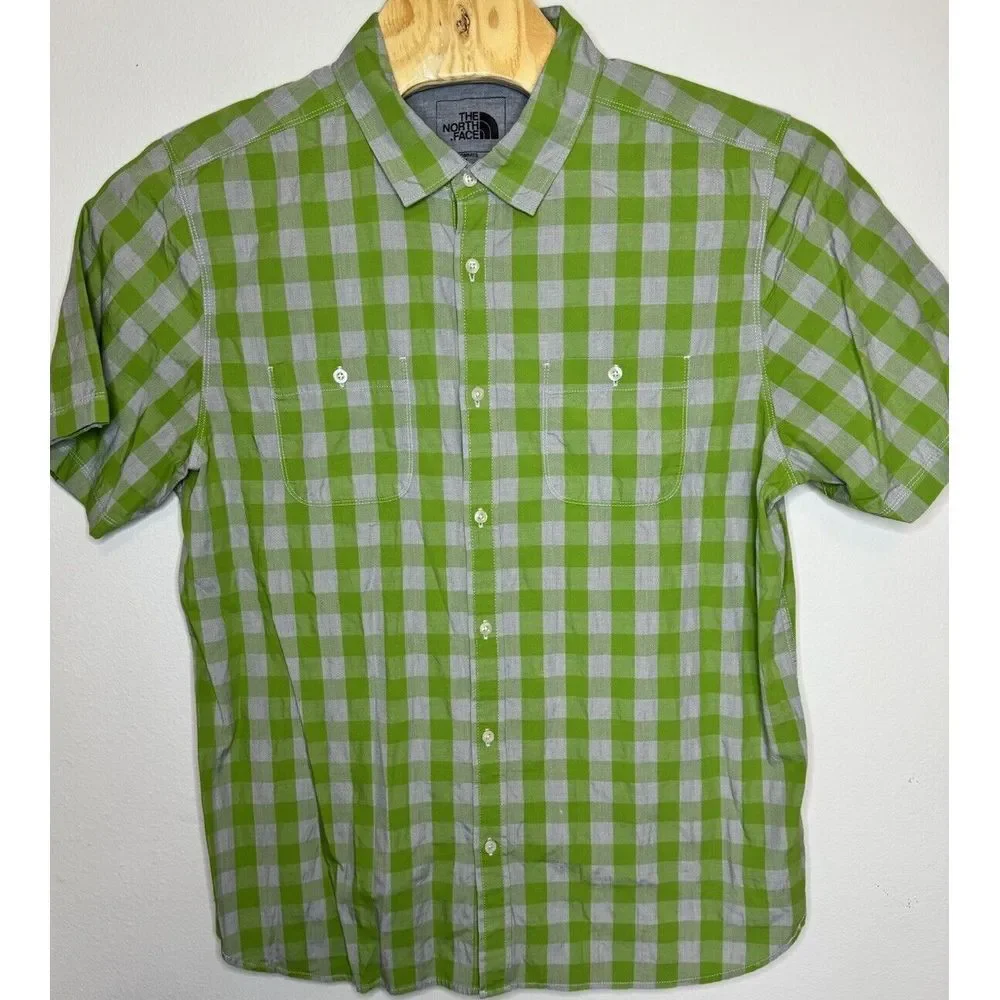 The North Face‎ Mens Button Up Short Sleeve Shirt Check Print Green Gray XL